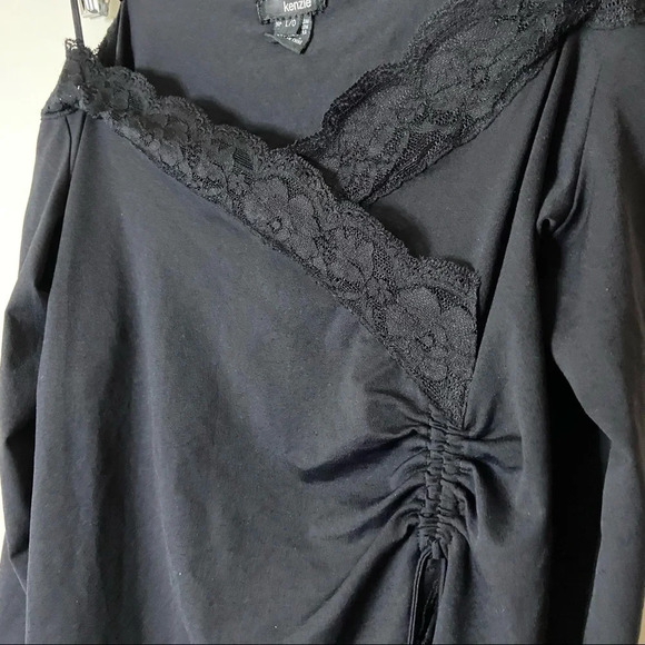 Lace Stretch Cinch Top Ruche String Long Sleeve Sleek Blouse Size Large - Picture 5 of 14